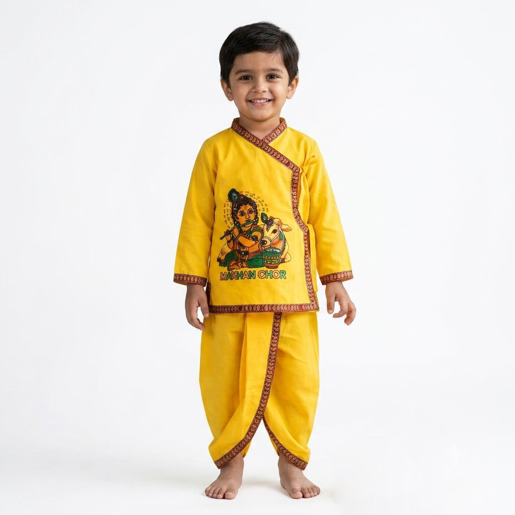 Size 3 Makhan Chor Yellow Krishna Dress with Pink Border