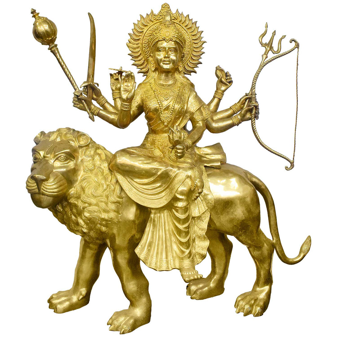 58 Inch Large Brass Durga Mata Riding Lion Statue – Majestic Monumental Idol Symbolizing Strength, Courage, and Divine Power for Temples or Grand Decor.
India's Largest Puja Accessories Brand - Satvik No. 1 Brass Idol Collection