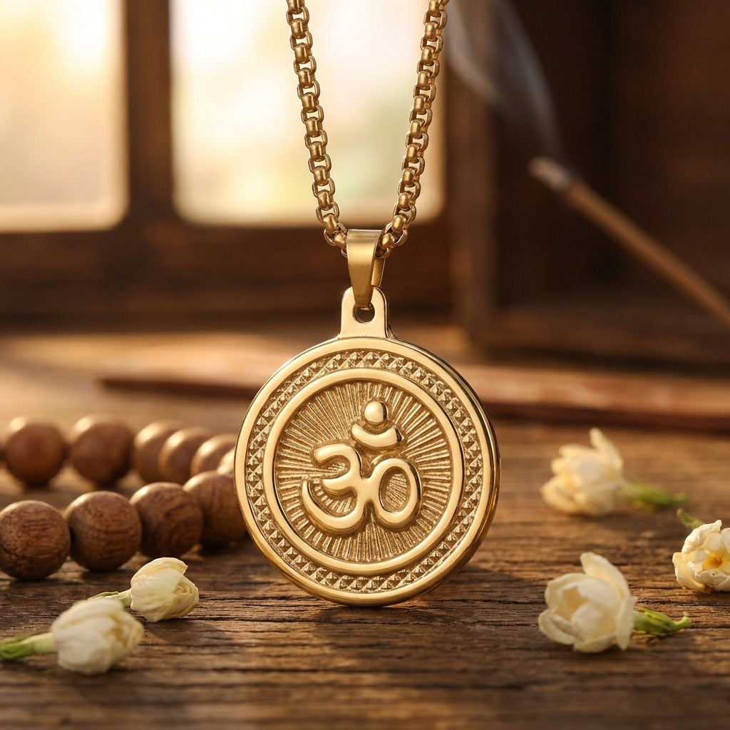 Om gold plated pendant with premium IGP coating featuring sacred Om symbol – spiritual pendant for daily wear and meditation. India’s Largest Pooja Accessories Brand - www.satvikstore.in