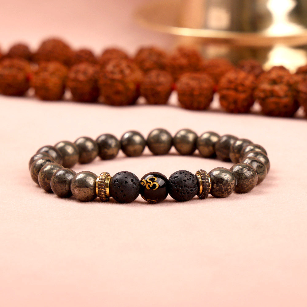 Om Raw Pyrite with Lava Bracelet Spiritual Healing Wear
