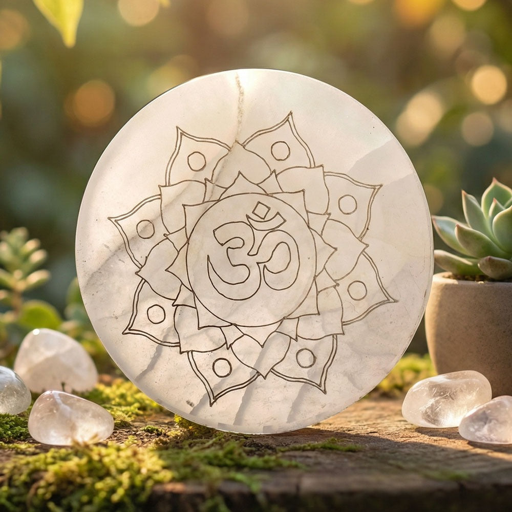 Om engraved salenite plate for crystal cleansing and spiritual energy. India’s Largest Puja Accessories Brand- www.satvikstore.in
