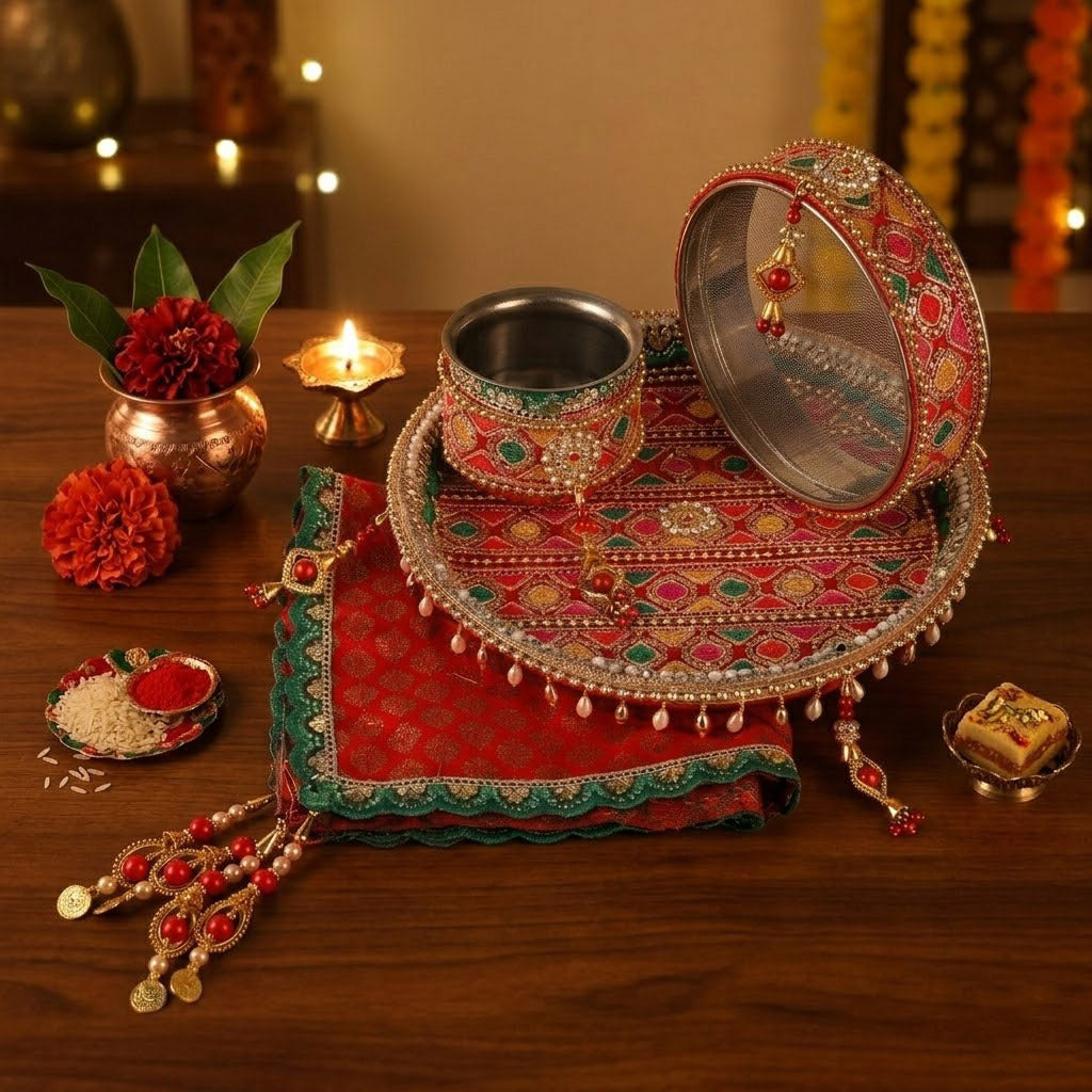 Red Karwa Chauth Thali Set | Indiaโs Largest Pooja Accessories Brand โ www.satvikstore.in