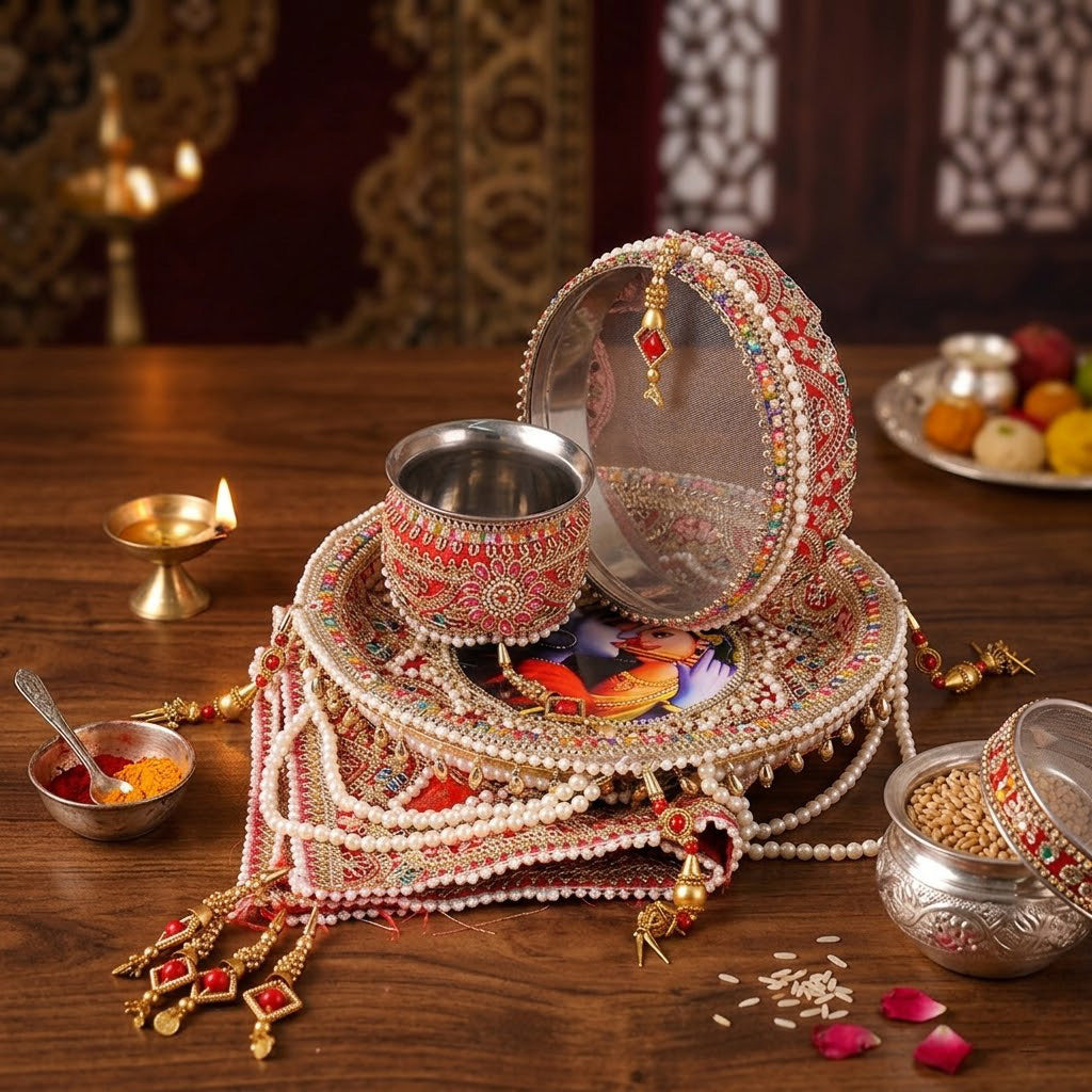 Red Karwa Chauth Thali Set | Indiaโs Largest Pooja Accessories Brand โ www.satvikstore.in