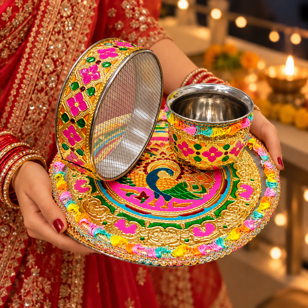 Opulent Gold Meenakari Karwa Chauth Thali Set