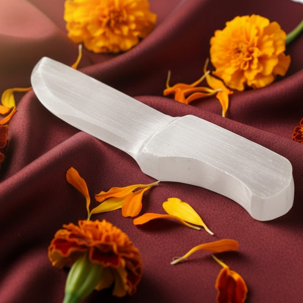 Natural selenite crystal knife for aura cleansing and energy healing. India’s Largest Puja Accessories Brand- www.satvikstore.in