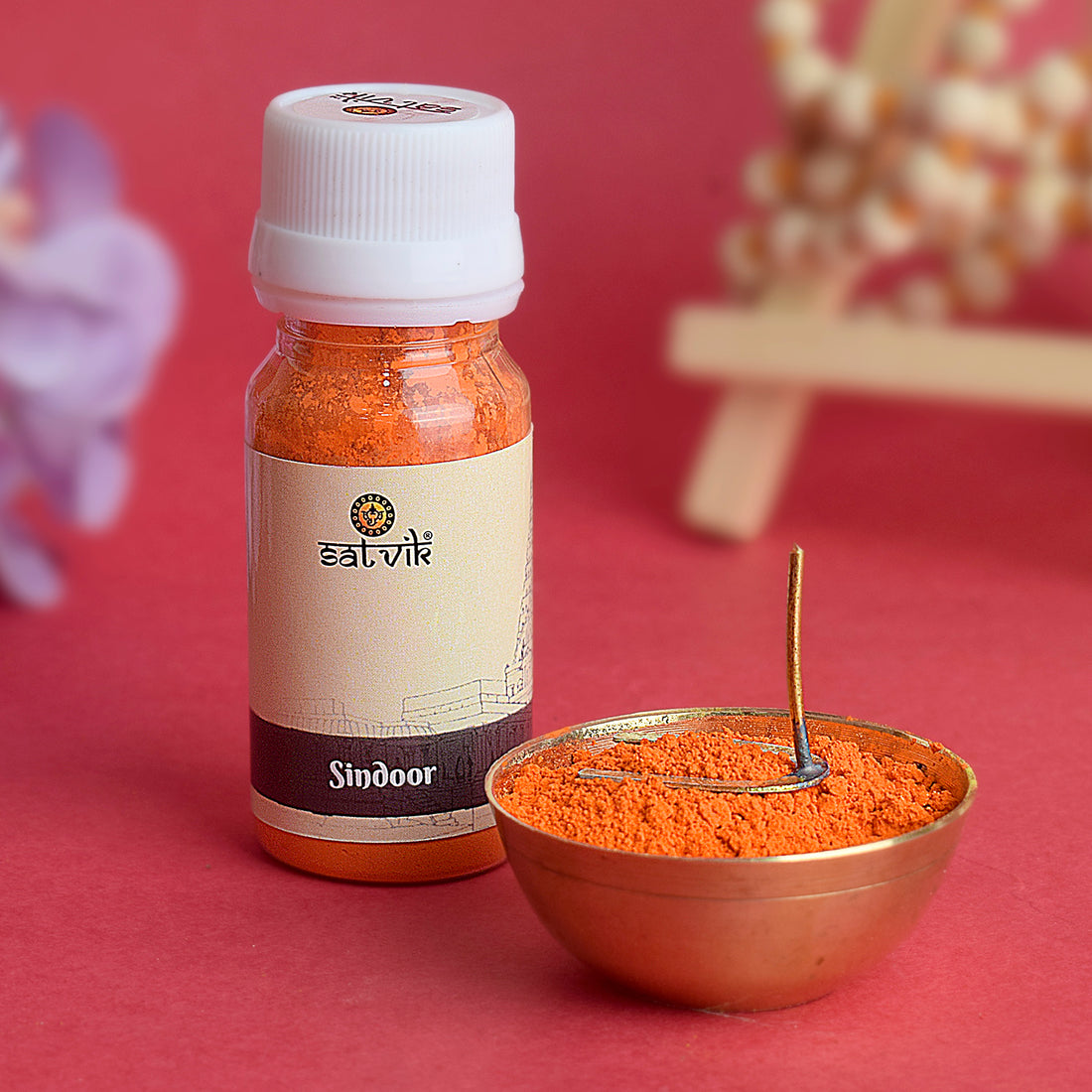 Sindoor powder for Hanuman Ji, bright orange-red in color, used in devotional offerings and rituals to honor and worship Lord Hanuman.
India’s Largest Pooja Accessories Brand – www.satvikstore.in