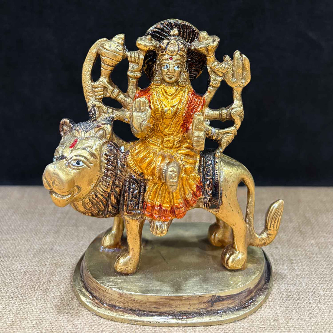 4.1 Inch Stunning Sherawali Mata Idol in brass, finely detailed with lion mount and divine posture, symbolizing strength and protection – perfect for Navratri worship and home. No.1 Brass Idol Store www.satvikstore.in