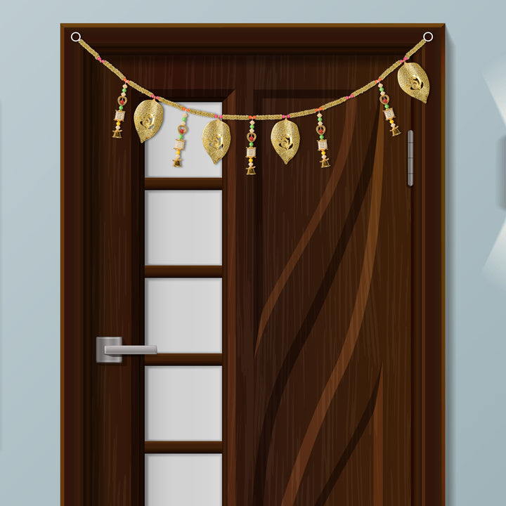 Traditional Golden Toran with Decorative Ganesha Leaf and Bell Latkan for Auspicious Festive Home Decoration. India’s Largest Pooja Accessories Brand – www.satvikstore.in