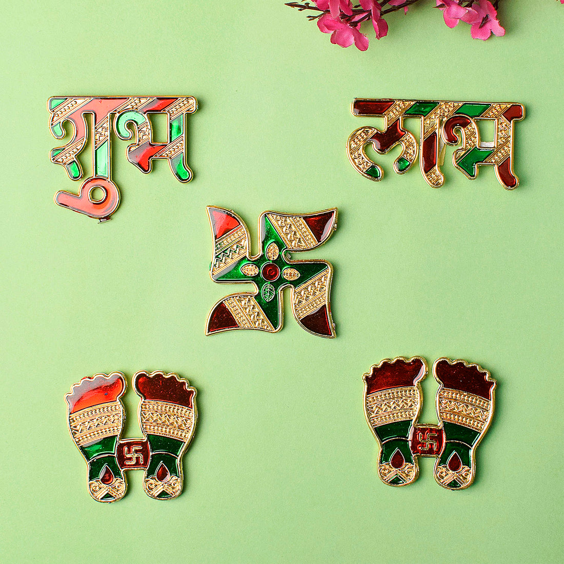 Traditional Shubh Labh and Swastik wall sticker set featuring ornate red and golden designs, ideal for pooja rooms, entrances, and festive home decor. India’s Largest Pooja Accessories Brand – www.satvikstore.in