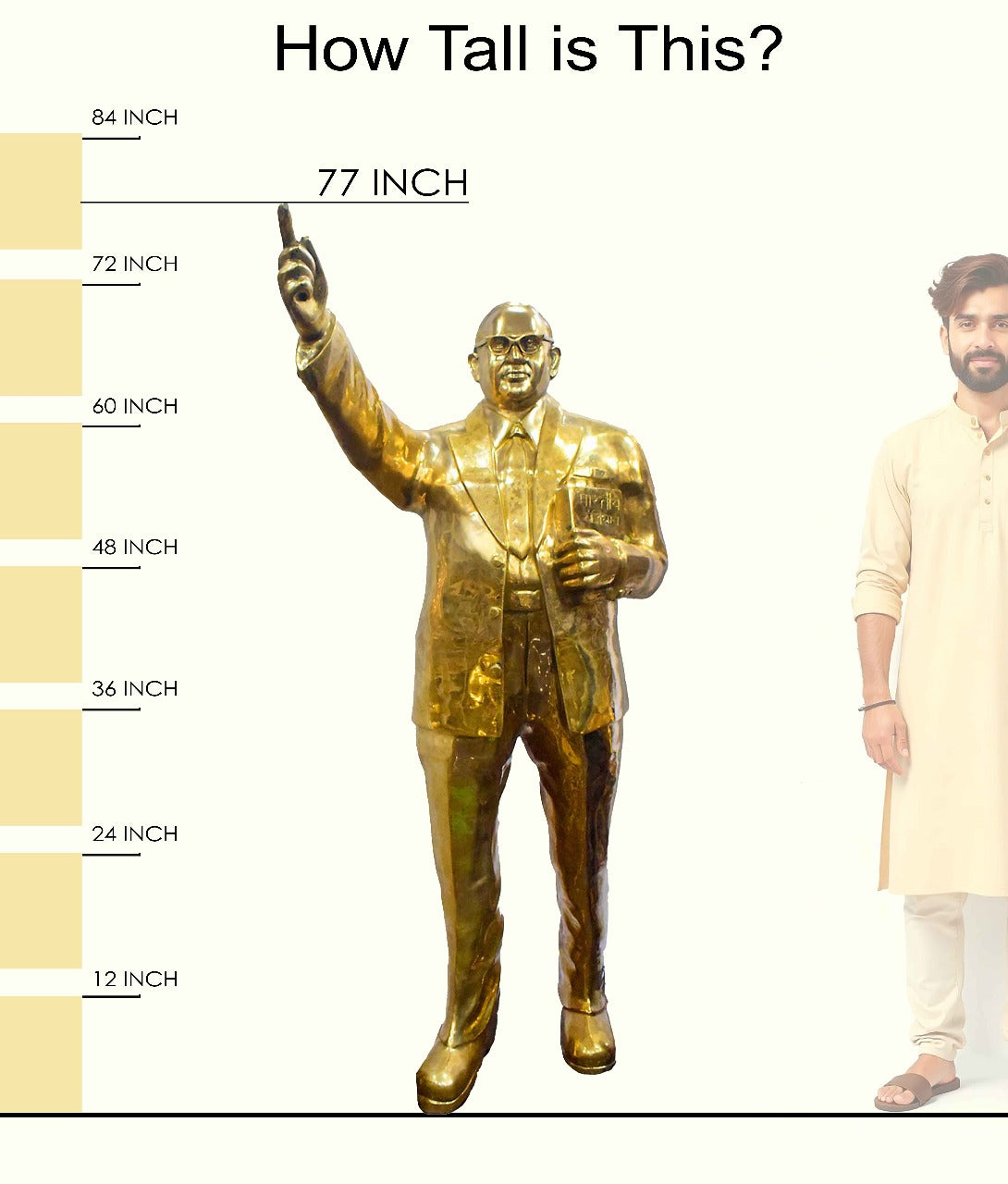 Handcrafted large brass statue of Dr. Bheemrao Ramji Ambedkar standing with a book and pointing upwards, wearing glasses and a suit, glossy finish, weight 160000 grams (160 kg), height approximately 77.56 inches (197 cm), length approximately 25.59 inches (65 cm). Best for VIP Gift, best for big premium gift, best for your office, best for educational institutions, symbol of social justice and equality. India's Large Puja Accessories Brand - Satvikstore.in