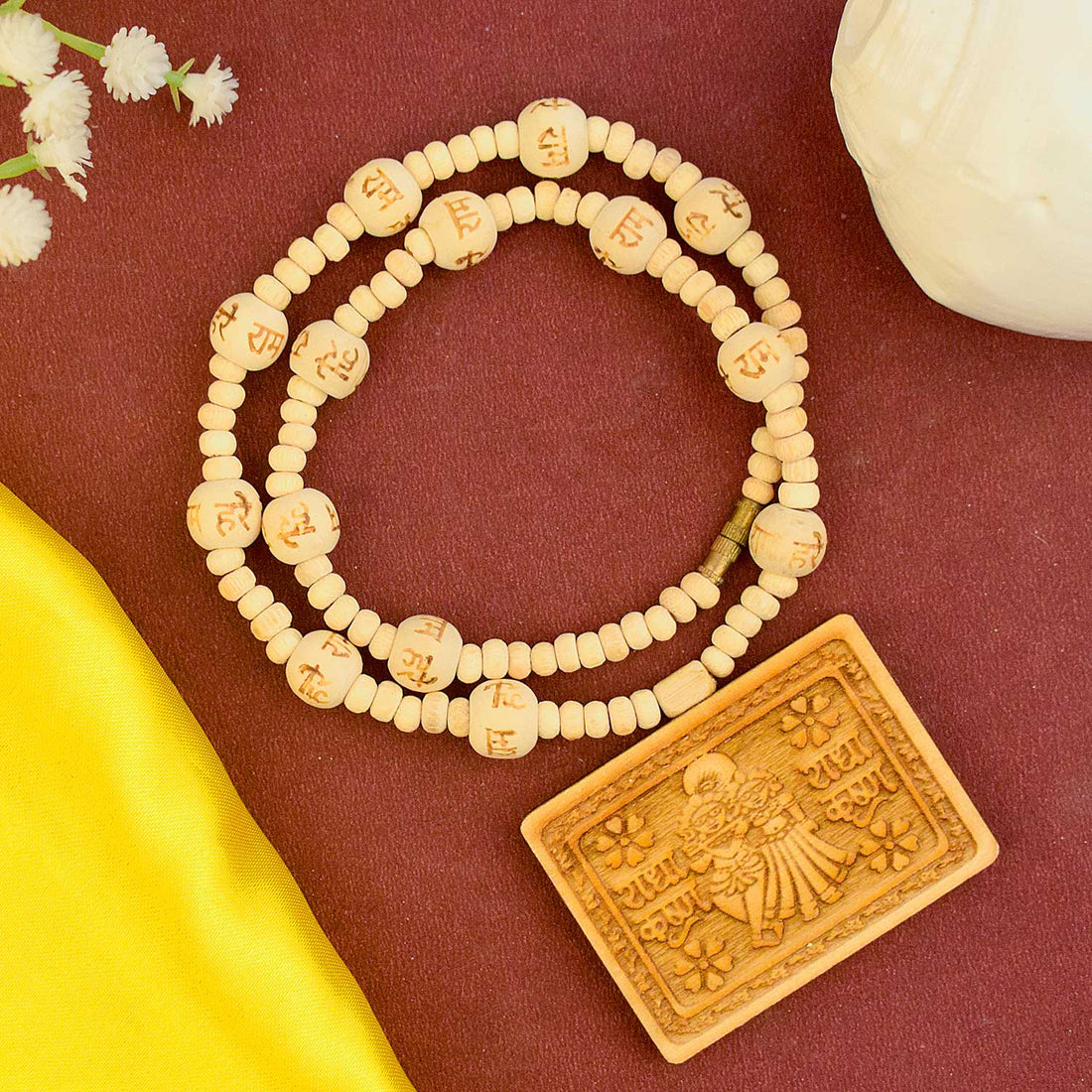 Wooden Mala with Radha Krishna Locket – devotional necklace with natural beads for chanting and spiritual connection. India’s Largest Brass Idols Brand - www.satvikstore.in