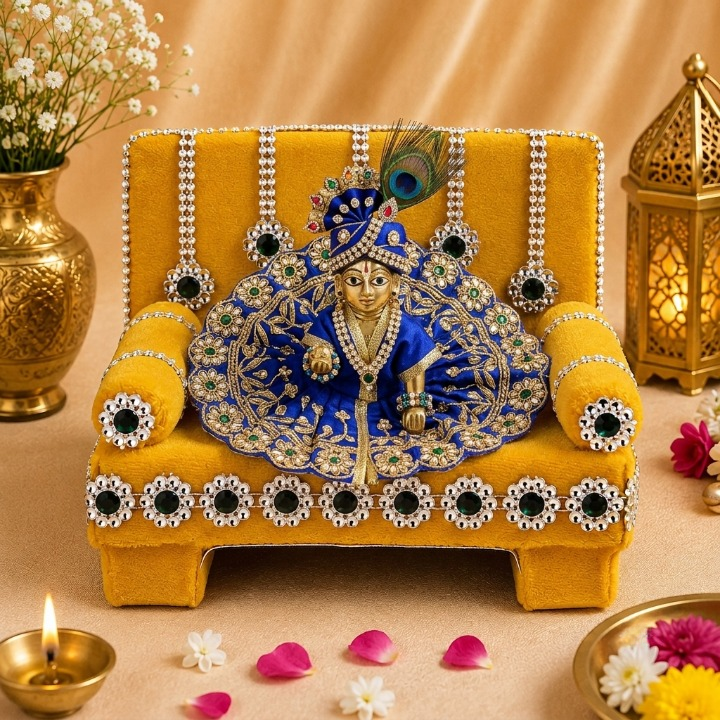 Pretty Yellow Laddu Gopal's Divine Velvet Singhasan