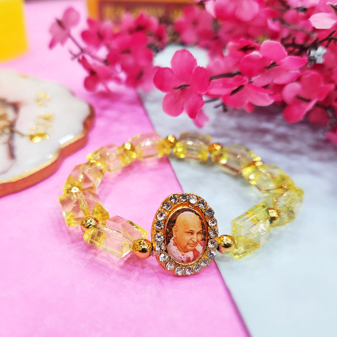 Yellow Beaded Guru Ji Maharaj Handmade Bracelets for Men and Women
