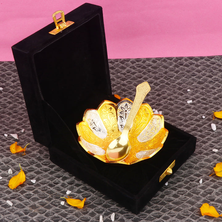 Decorative embossed flower bowl with silver and golden finish, featuring intricate floral patterns—ideal for pooja décor, festive gifting, or centerpiece display. India’s Largest Pooja Accessories Brand – www.satvikstore.in
