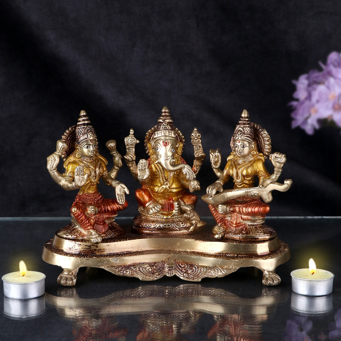 4.7 Inch Brass Lakshmi Ganesh With Saraswati Idol