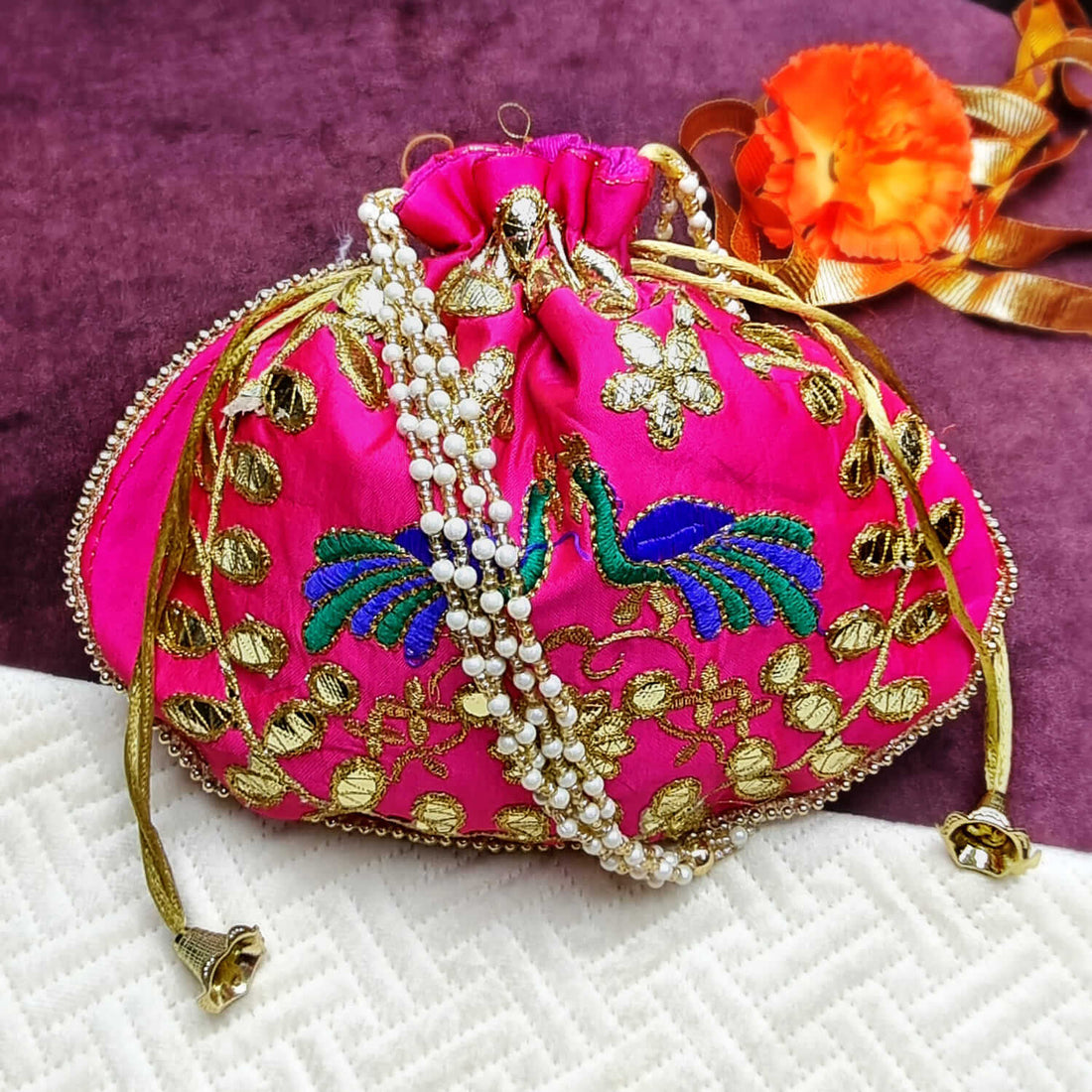 Ethnic Peacock Design Zari Work Women's Potli