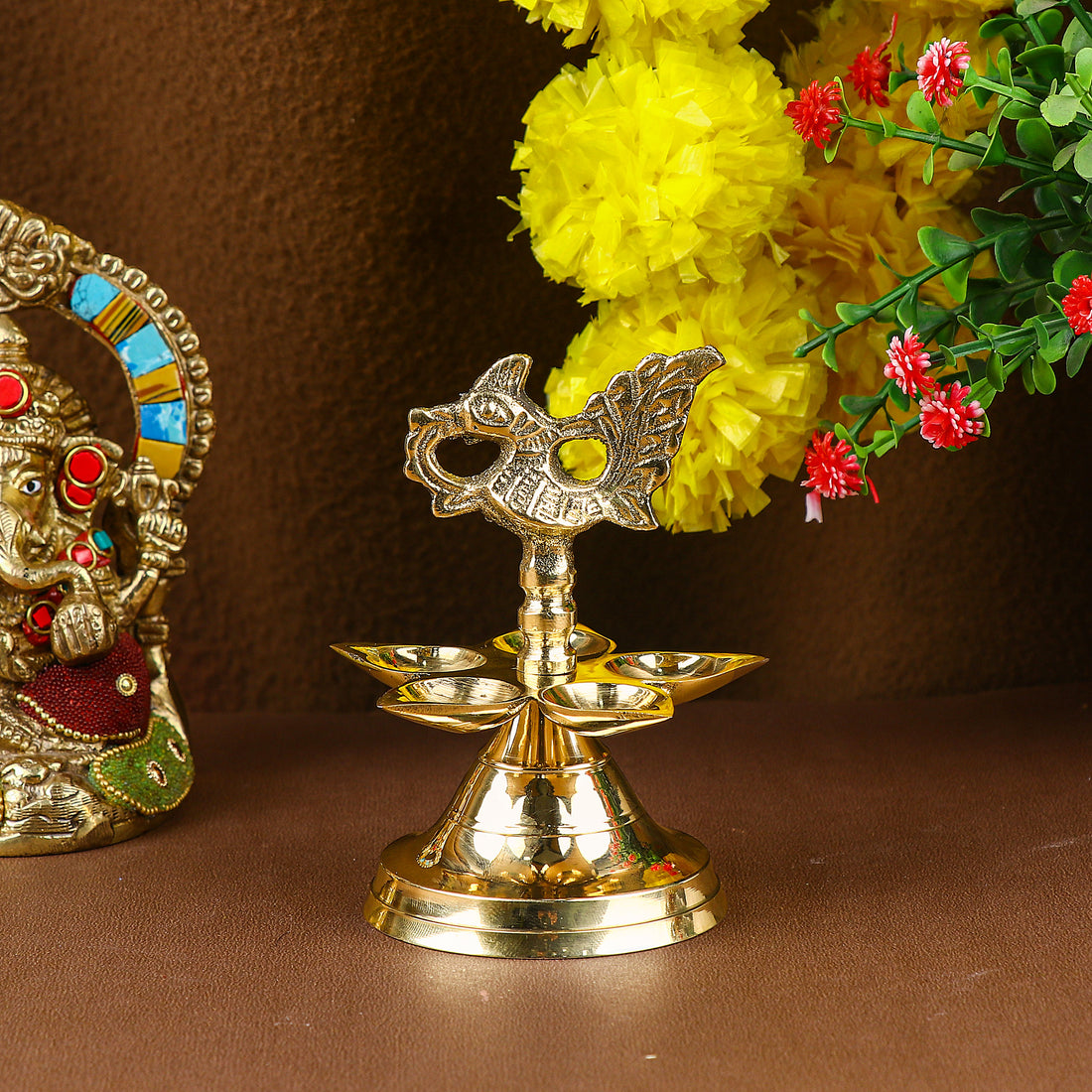 Brass 1 Step Panchmukhi Peacock Kerala Diya