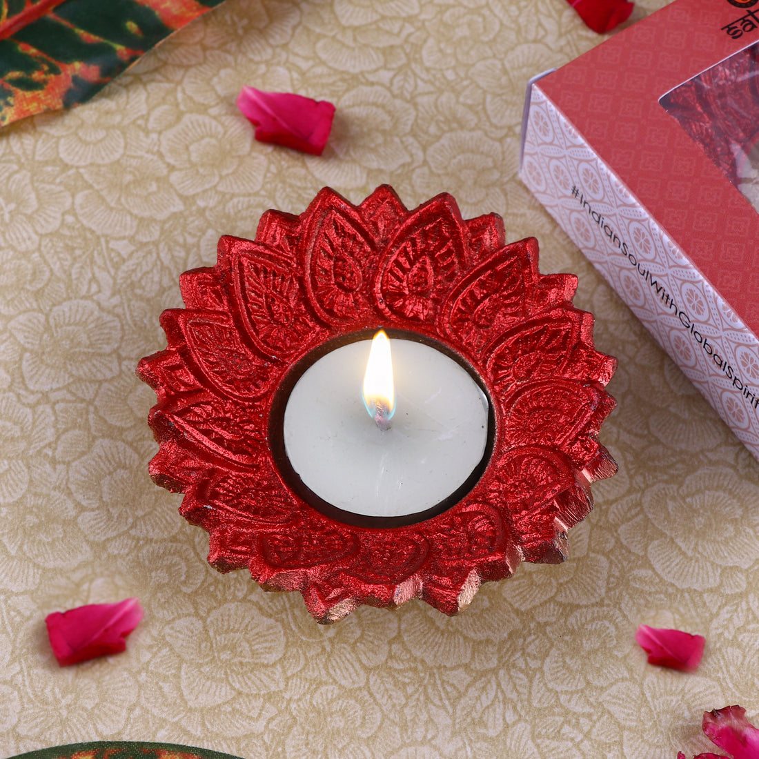 Floral Chakra Metal Diya in Red Color (Pack of 2)
