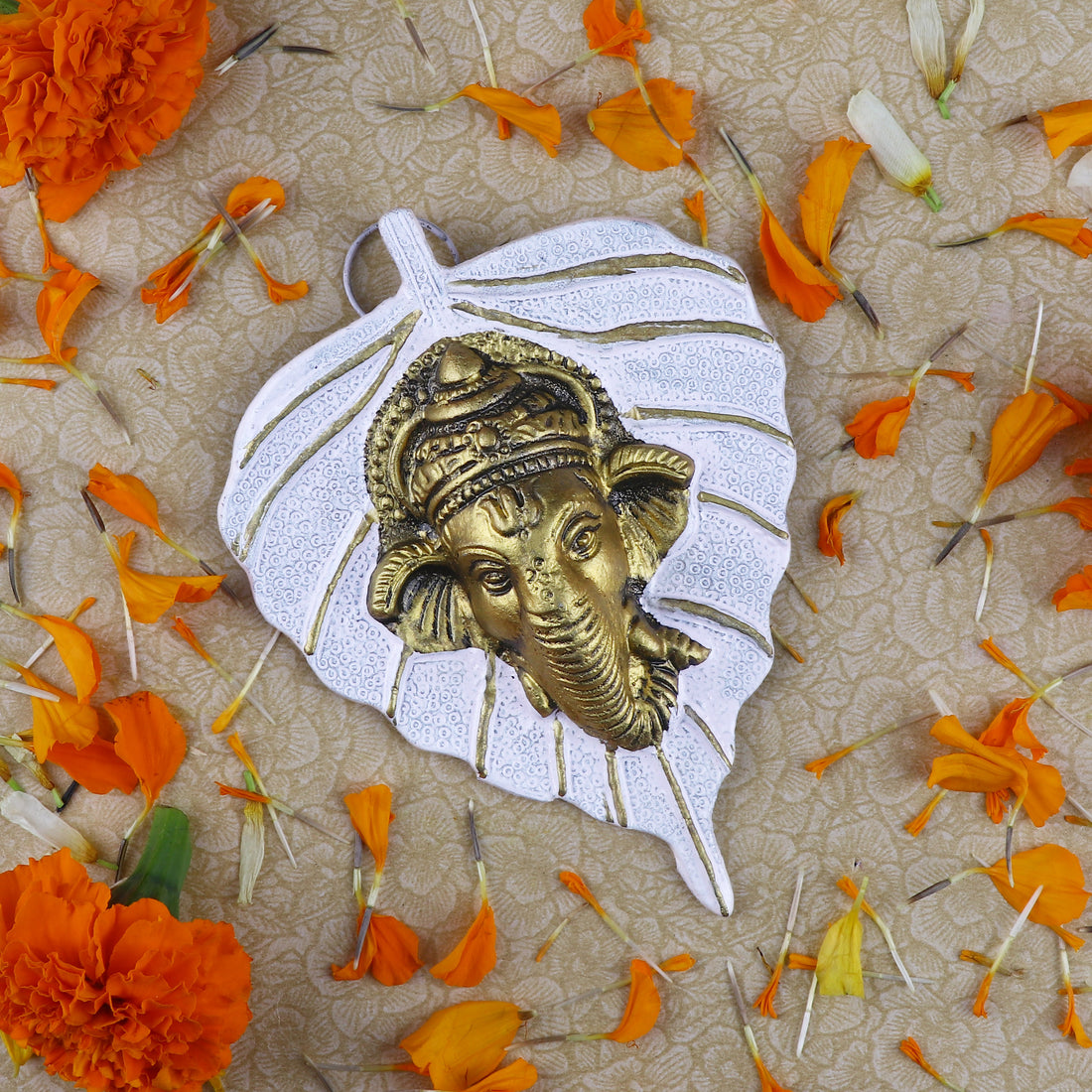 1 Pc Lord Ganesh Face on Leaf Patta Wall Hanging Yellow