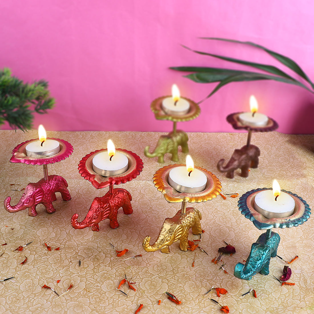 Spectacular Assorted Metal Elephant with Diya Showpiece Set of 4