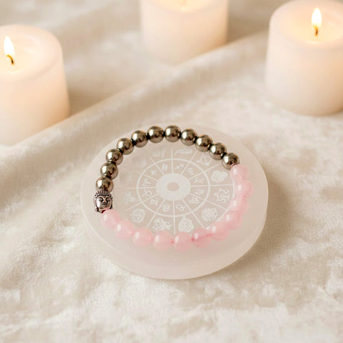 rose quartz buddha with golden pyrite bracelet and selenite zodiac crystal recharging plate peace prosperity combo. India’s Largest Puja Accessories Brand- www.satvikstore.in
