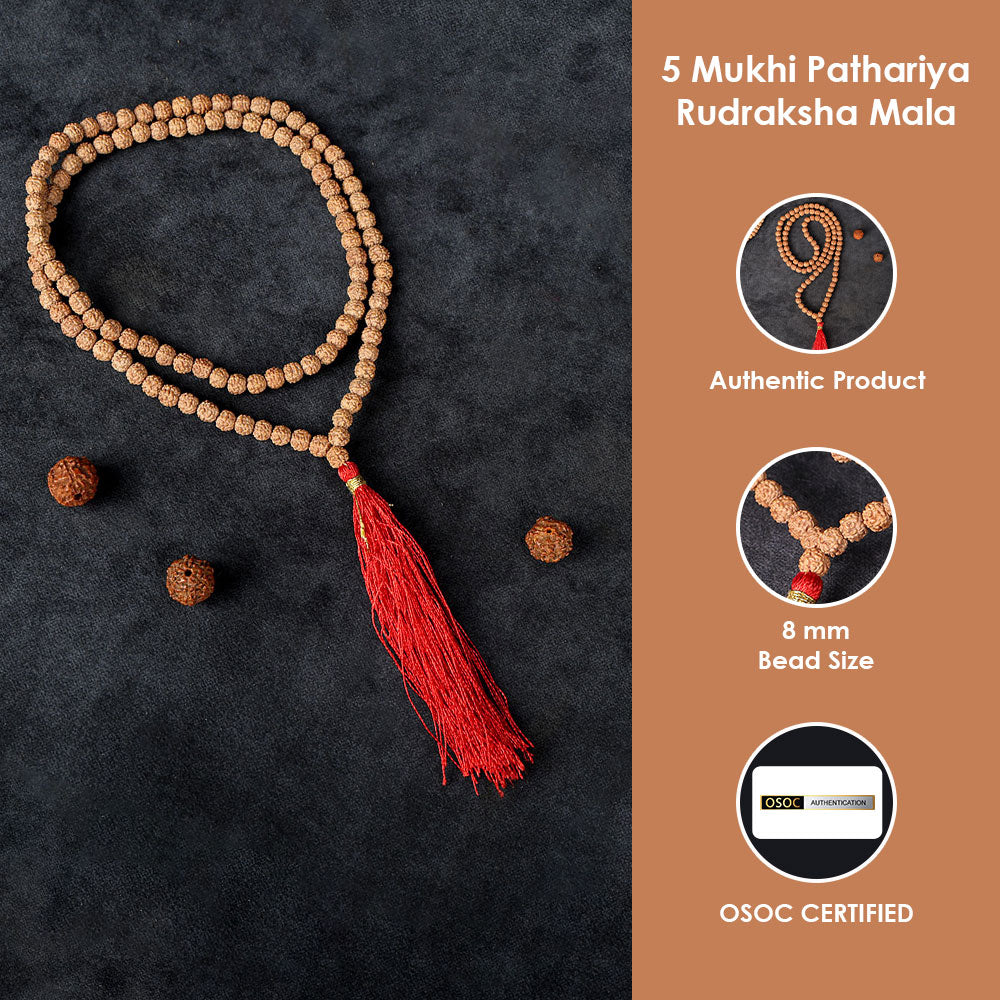 5 Mukhi Pathariya Rudraksh Mala 108 Beads 8mm