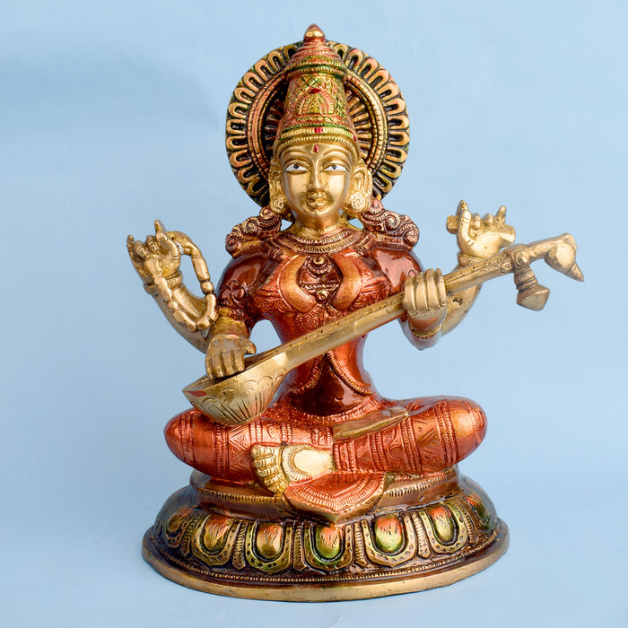 10.2 Inch Beautiful Brass Saraswati Idol | Saraswati Mata Murti Brass Statue featuring intricate detailing, perfect for spiritual home decor, temple worship, and devotional gifting. India’s Largest Brass Idols Brand - www.satvikstore.in
