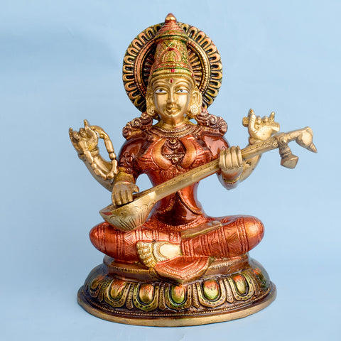10.2 Inch Beautiful Brass Saraswati Idol | Saraswati Mata Murti Brass Statue featuring intricate detailing, perfect for spiritual home decor, temple worship, and devotional gifting. India’s Largest Brass Idols Brand - www.satvikstore.in
