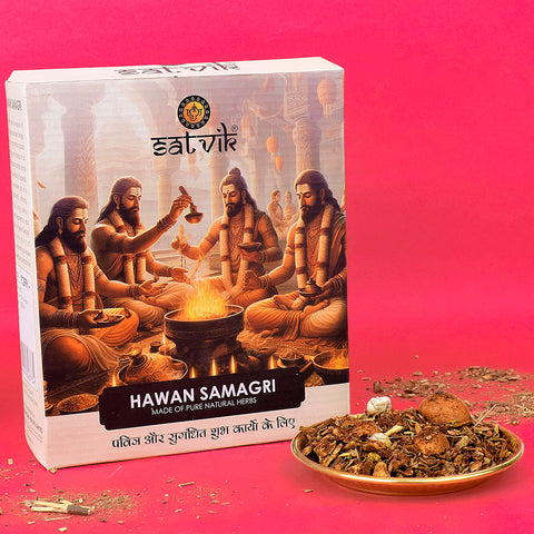 100% Natural Hawan Samagri is a divine blend of herbs and sacred ingredients used for peaceful and prosperous yagnas, enhancing spiritual purity and positivity during puja rituals – India’s Largest Pooja Accessories Brand – www.satvikstore.in