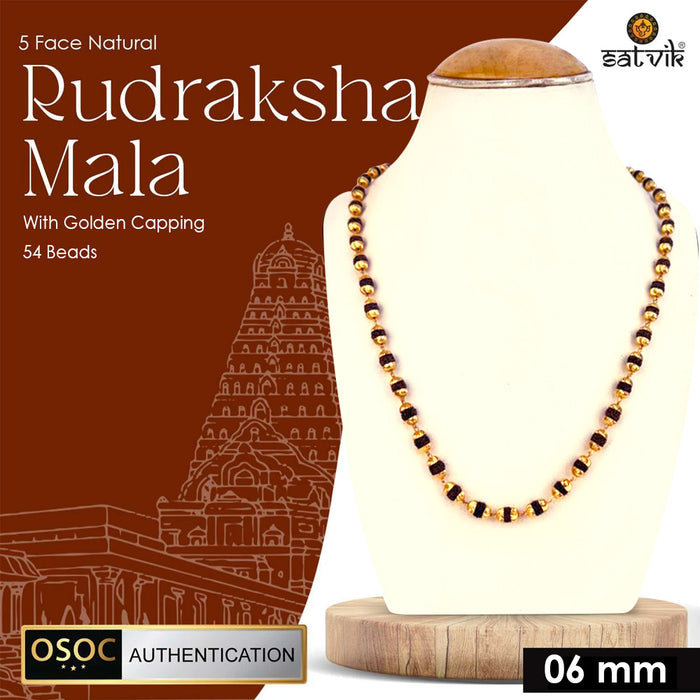 100% Original Certified 5 Mukhi Rudraksha Mala with Golden Capping – Natural Spiritual Beads for Protection, Health, and Positive Energy. India’s Largest Pooja Accessories Brand - www.satvikstore.in