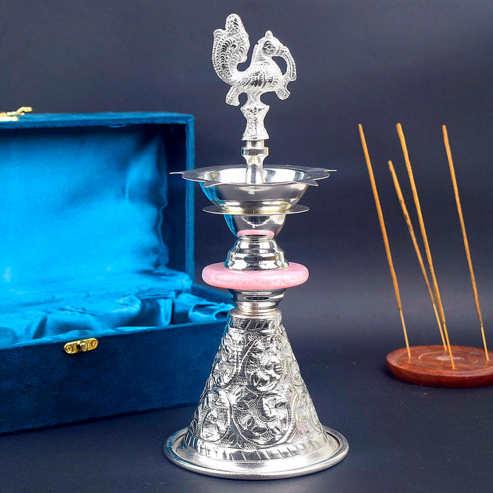 Handcrafted 11.5 Inch One Step Peacock Silver Kerala Diya for Pooja and Temple Decor. India’s Largest Pooja Accessories Brand - www.satvikstore.in