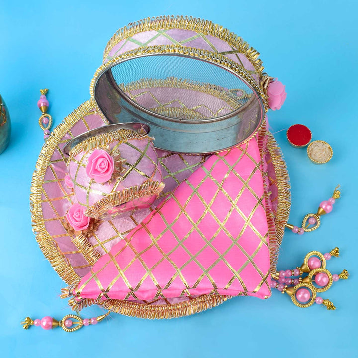 11 Pc Light Pink Embroidery Karwa Chauth Thali Set with Sieve, Kalash, Thali Cover and Complete Pooja Kit. India’s Largest Pooja Accessories Brand - www.satvikstore.in