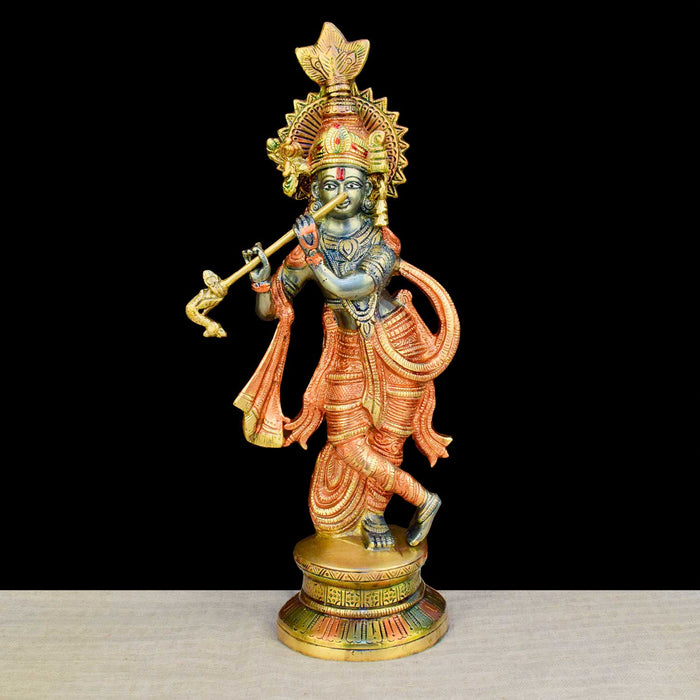 15-inch colored Lord Krishna statue beautifully crafted for divine home and temple décor, symbolizing love, devotion, and spiritual grace. India’s Largest Brass Idols Brand - www.satvikstore.in
