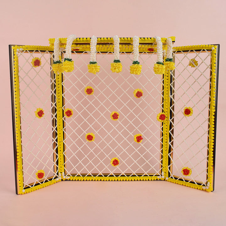 15 Inch Large Yellow Magnificent Ganesha Phool Bangla made with bright artificial flowers, ideal for Ganpati mandap decoration and idol background setup. India’s Largest Pooja Accessories Brand – www.satvikstore.in