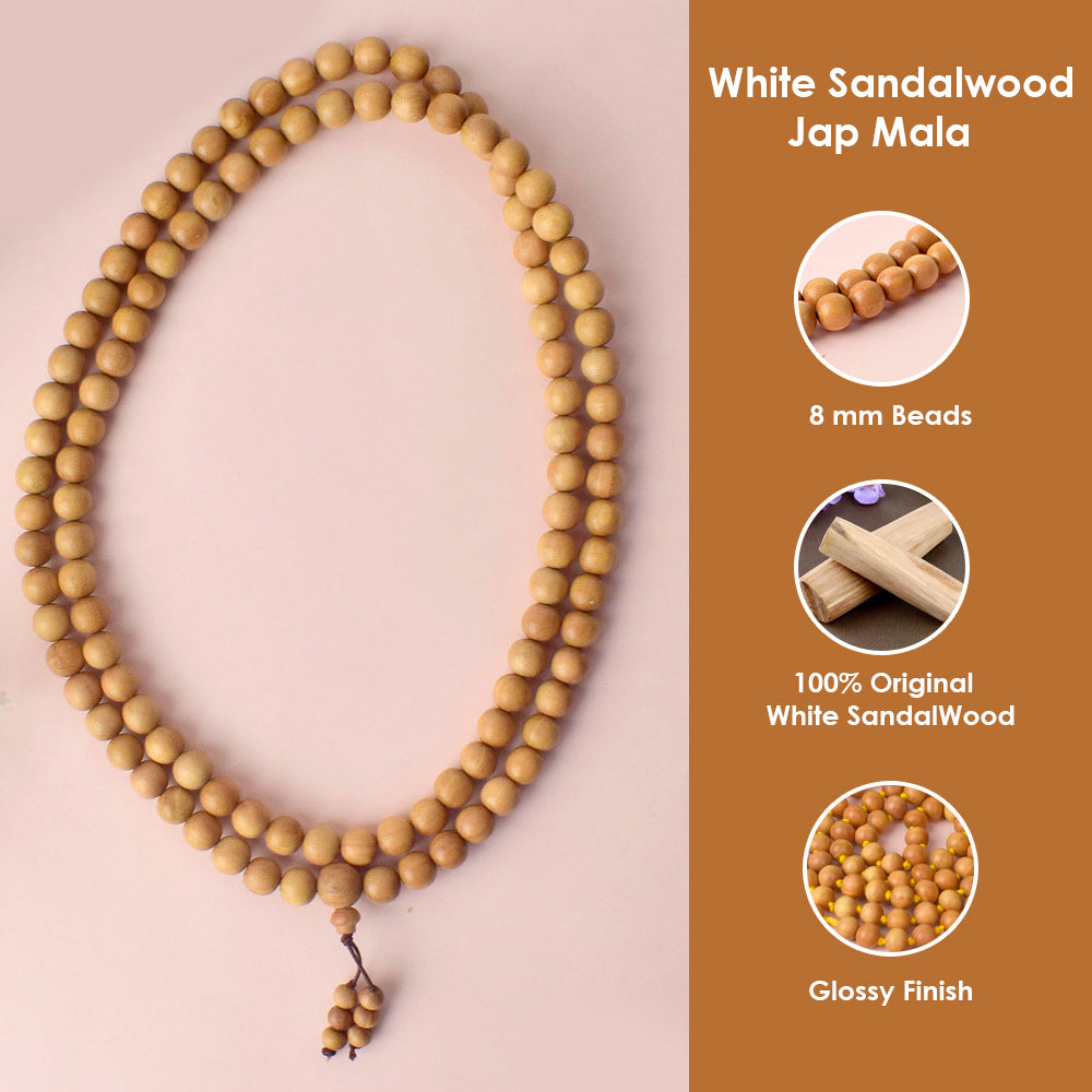 Certified 8mm 100% Original Authentic Mysore White Sandalwood (Chandan) Jap Mala