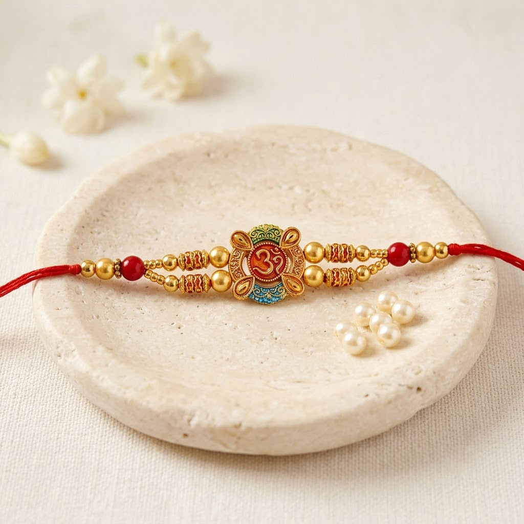Sacred Om Center Golden Beaded Red Thread Rakhi