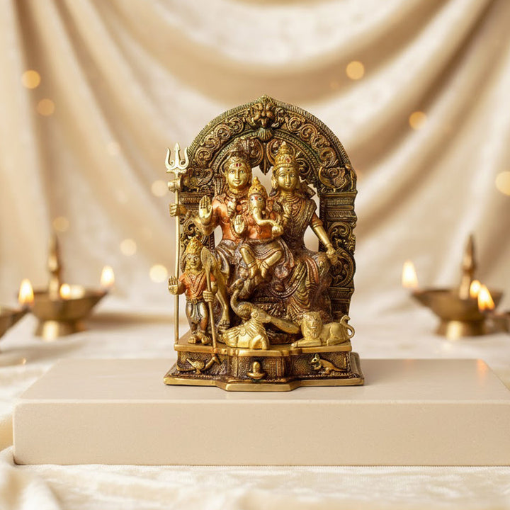 This beautifully crafted Brass Sampurna Shiv Parivaar Idol showcases the divine family of Lord Shiva, featuring Lord Shiva, Goddess Parvati, Lord Ganesha, and Lord Kartikeya. Expertly designed in fine brass, this idol symbolizes unity, love, and divine blessings, making it an ideal addition to any home or temple space. India's Largest Puja Accessories Brand - Satvik