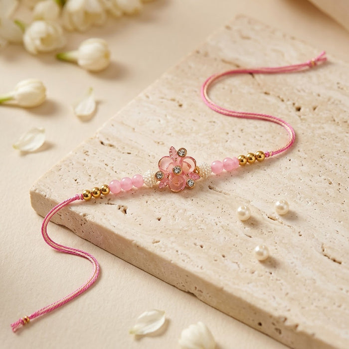 Aesthetic Pink Floral Charm Crystal Studded Designer Rakhi
