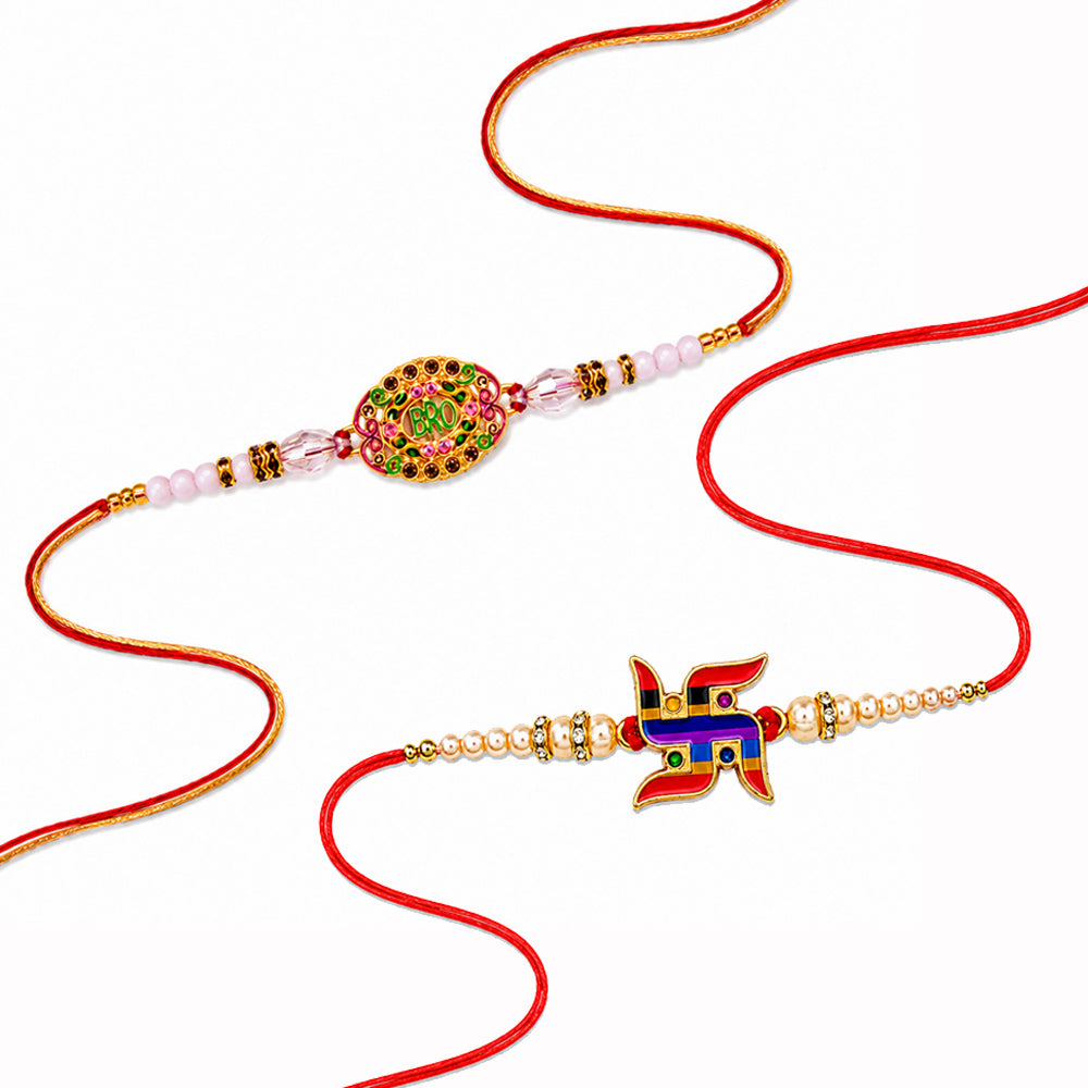 Stone Studded BRO Dial and Swastik Symbol Rakhi (Set of 2)