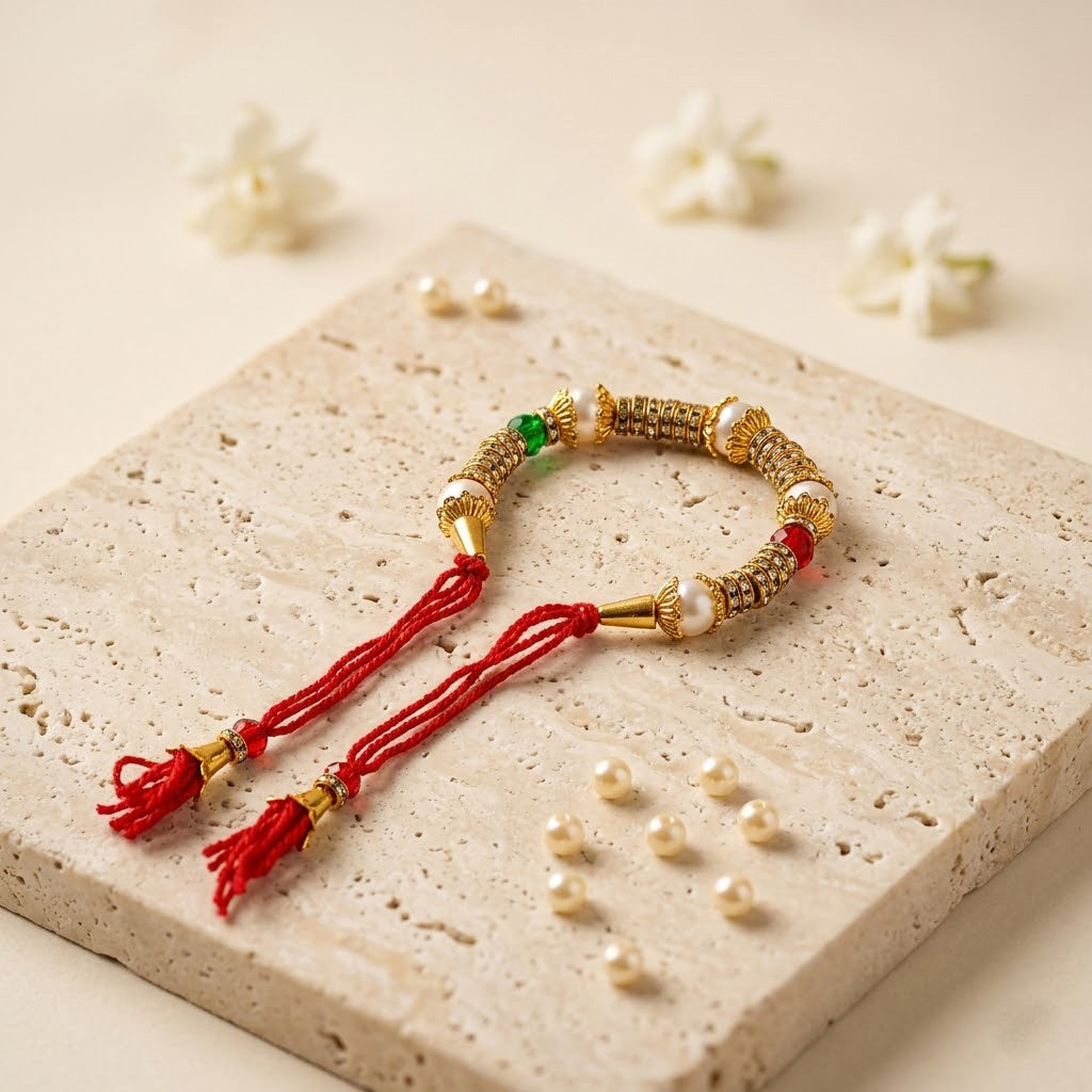 Handcrafted Traditional Pearl Gold Lumba Rakhi