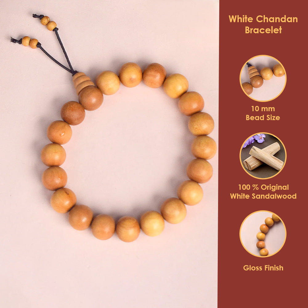 100% Original 10mm White Chandan Bracelet for Peace & Inner Calm