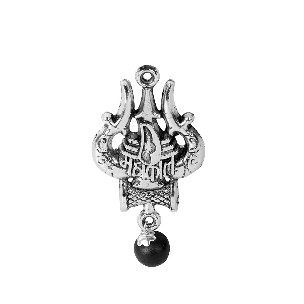Silver Plated Trishul Pendant with Mahakal Engraving with karungali Bead