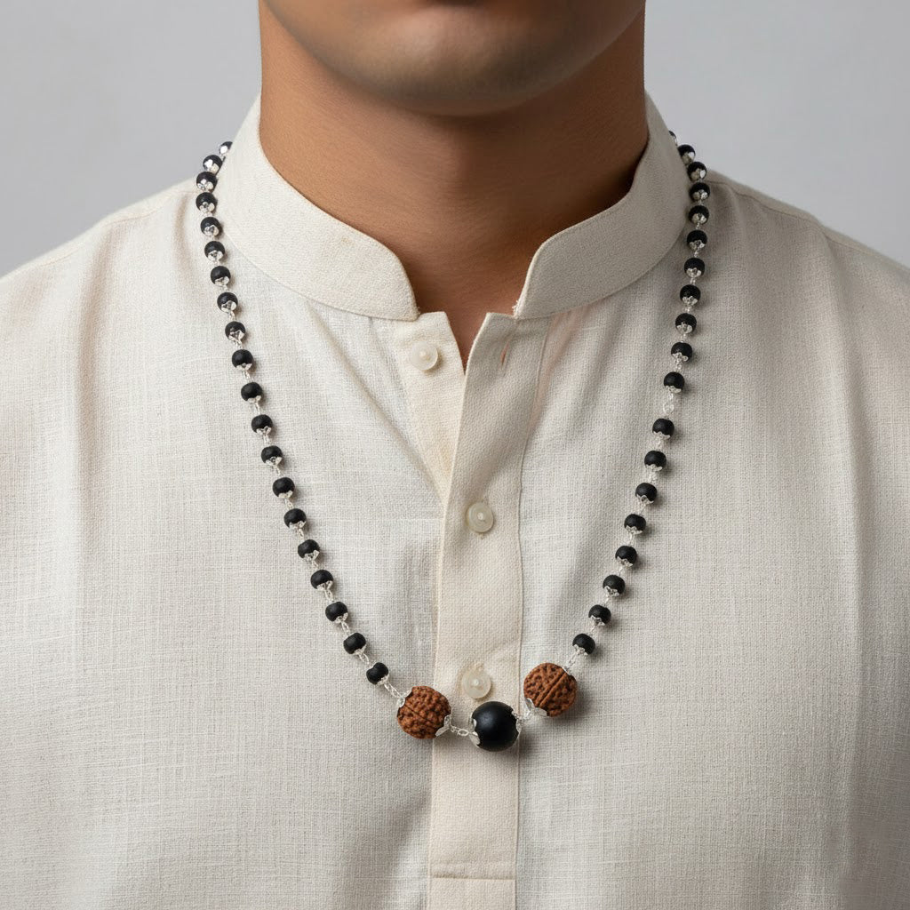 Silver Plated Karungali Mala 8mm with Rudraksha Govt Certified