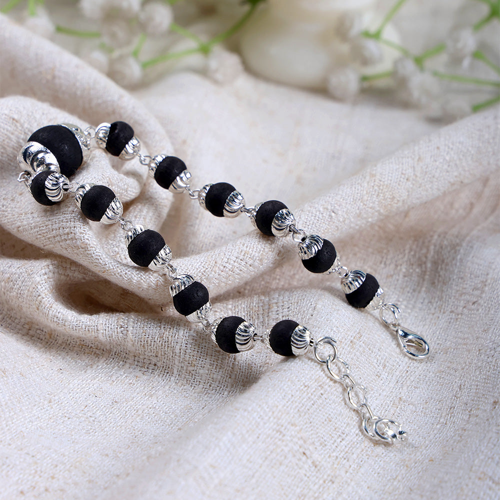 8mm Silver Plated Karungali Bracelet with Big Bead Govt Certified