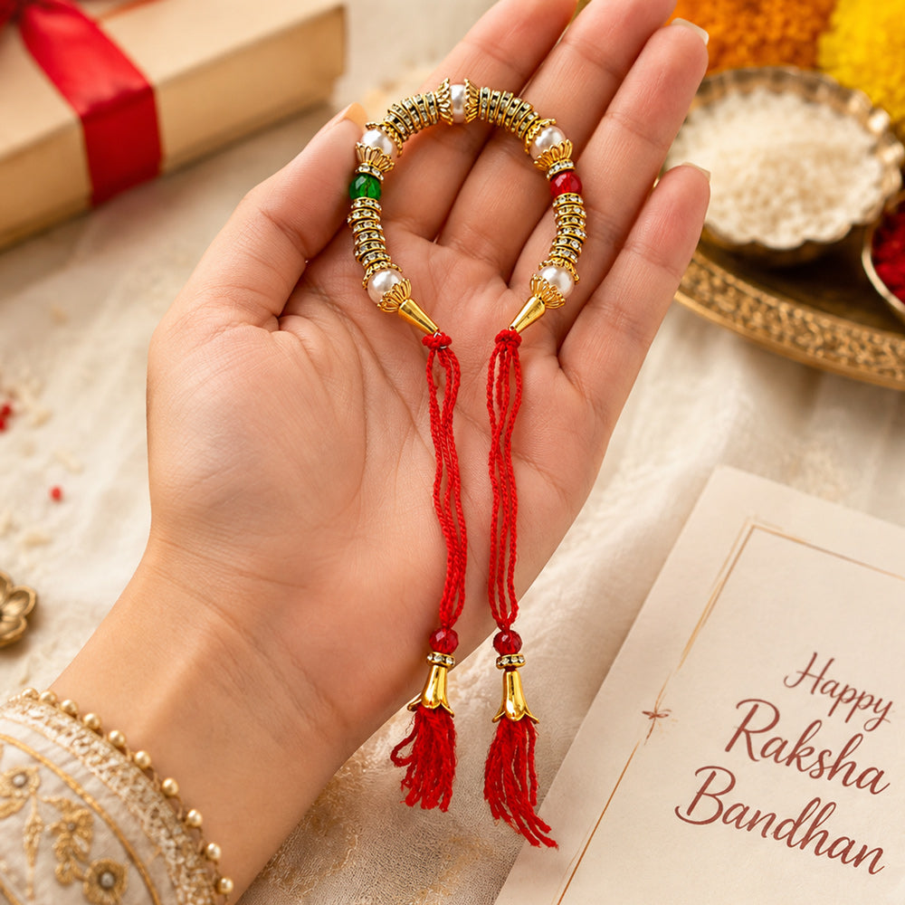 Handcrafted Traditional Pearl Gold Lumba Rakhi
