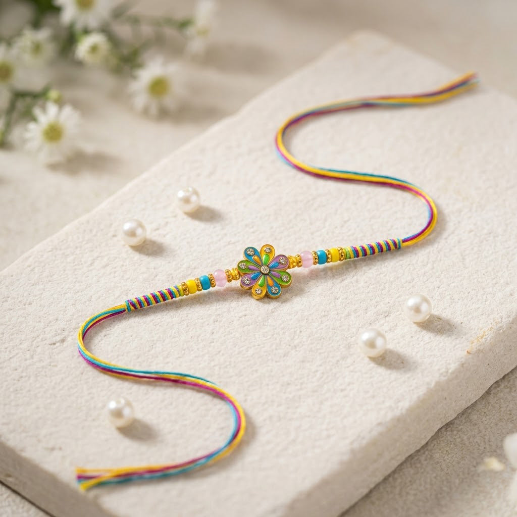 Multicolor Enamel Flower and Crystal Kids Rakhi
