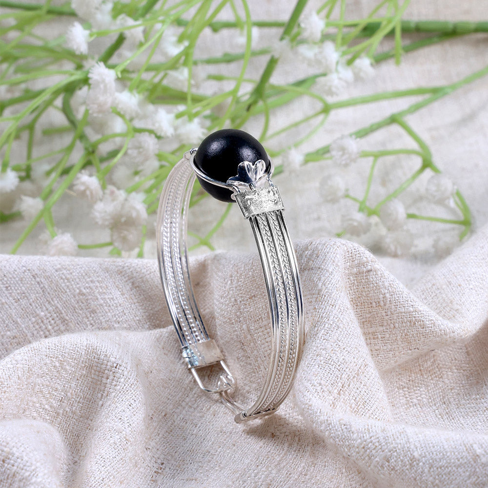 Ebony Wood Karungali Silver Plated Kada Authentic Spiritual Wear