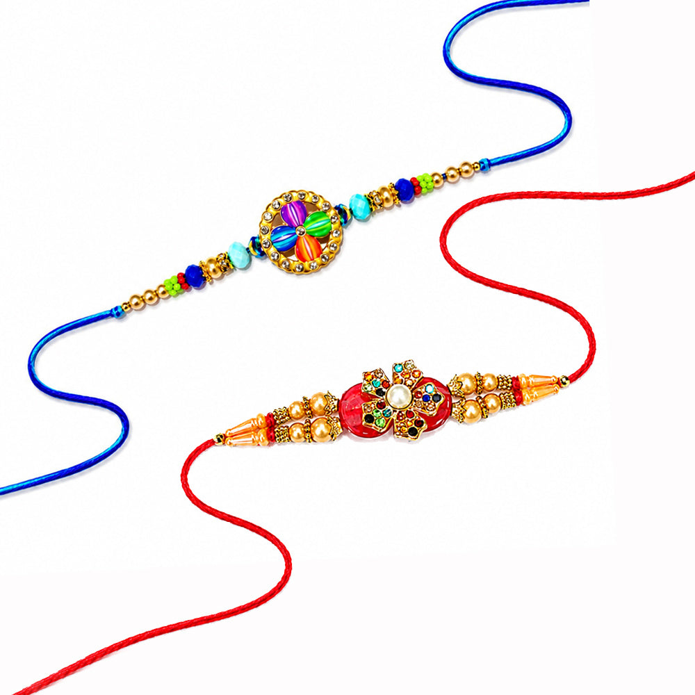 Multi Color Pinwheel and Red Floral Medallion Rakhi (Set of 2)