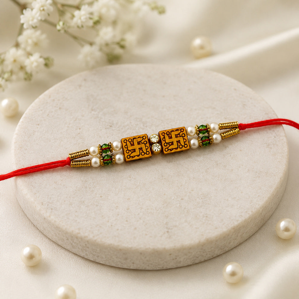 Twin Swastik Gold Finish Double Line Thread Rakhi