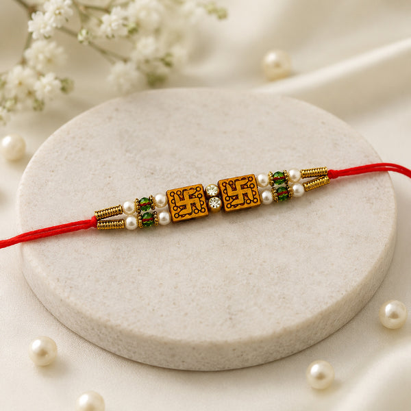 Twin Swastik Gold Finish Double Line Thread Rakhi